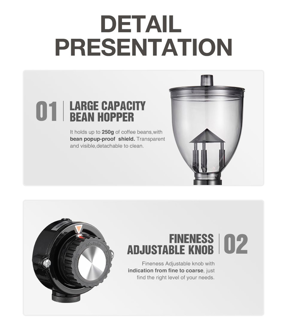 HiBREW 600N 180W Electric Coffee Bean Grinder with Coffee Powder Tamper, 8 Settings Adjustable Knob, Visible Bean Hopper