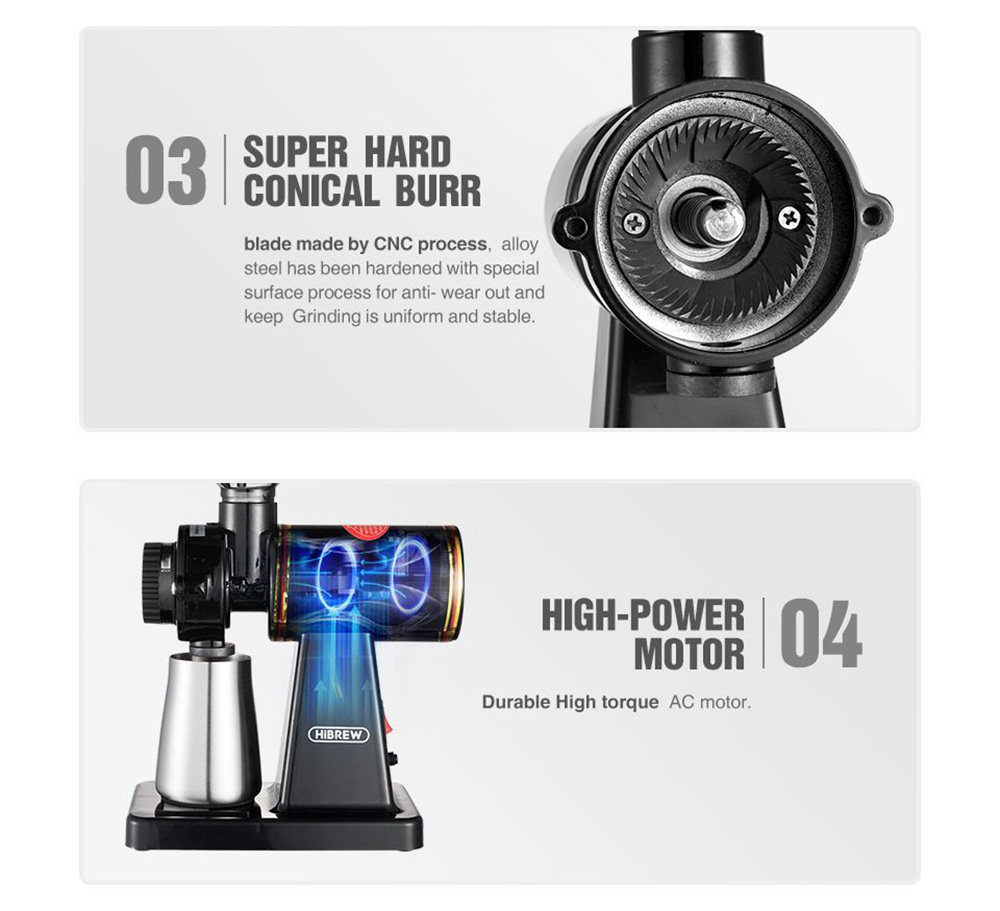 HiBREW 600N 180W Electric Coffee Bean Grinder with Coffee Powder Tamper, 8 Settings Adjustable Knob, Visible Bean Hopper