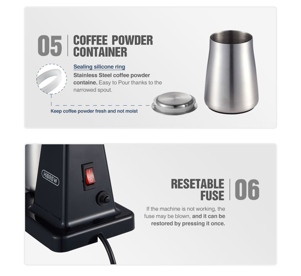 HiBREW 600N 180W Electric Coffee Bean Grinder with Coffee Powder Tamper, 8 Settings Adjustable Knob, Visible Bean Hopper