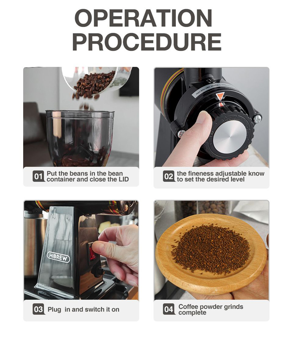 HiBREW 600N 180W Electric Coffee Bean Grinder with Coffee Powder Tamper, 8 Settings Adjustable Knob, Visible Bean Hopper