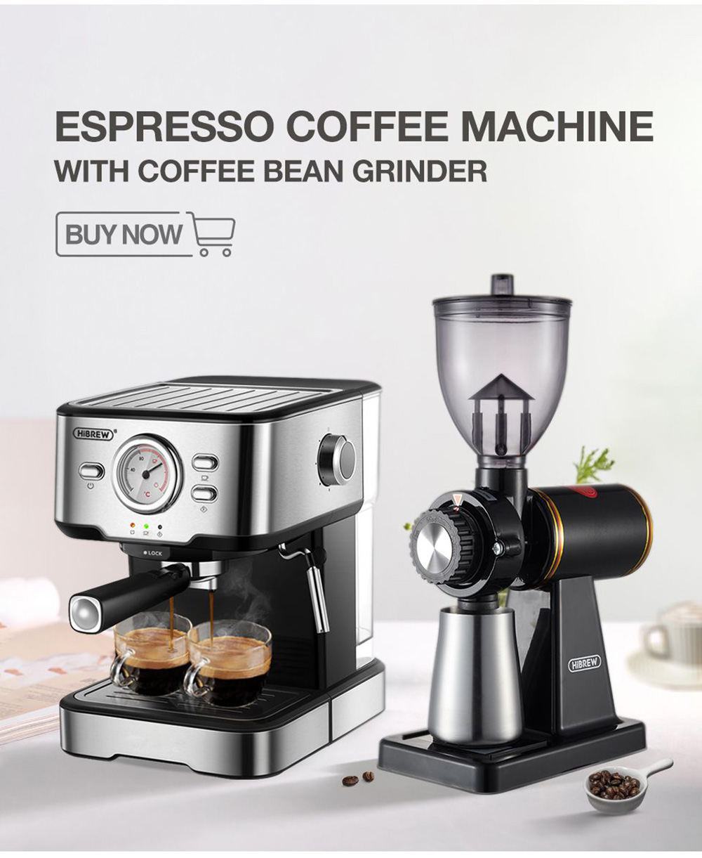 HiBREW 600N 180W Electric Coffee Bean Grinder with Coffee Powder Tamper, 8 Settings Adjustable Knob, Visible Bean Hopper