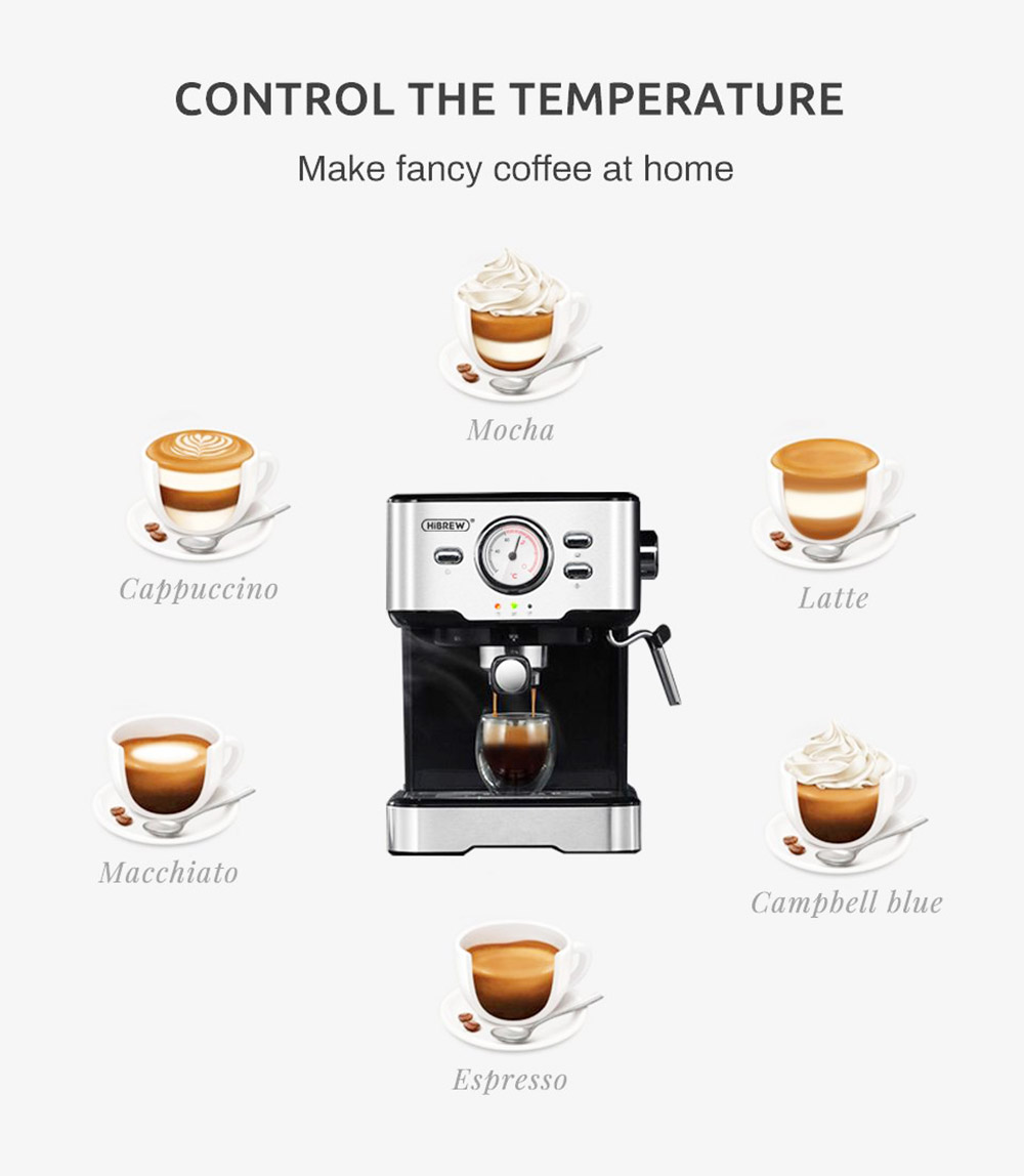 HiBREW H5 1050W Coffee Maker, 20 Bar Semi-Auto Cappuccino Espresso Coffee Machine, 1.5L Capacity, Temperature Display