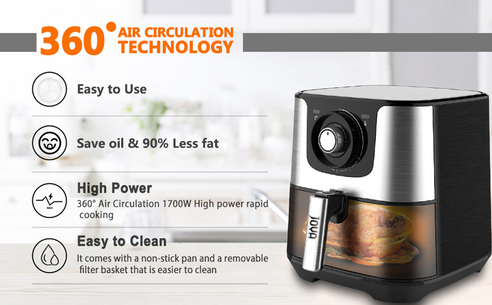 JOYA TXG-S5M6 1700W 5.5L Air Fryer, Stainless Steel Electric Pizza Chicken Air Fryer, 360 Degree Heating, Non-stick