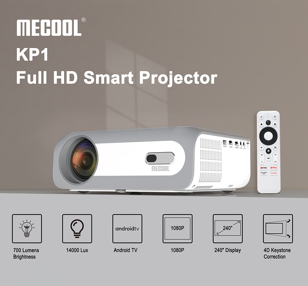 MECOOL KP1 Smart LCD Projector 700 ANSI Lumens 1902x1080P with Android 11 TV Stick Support Google Assistant - US Adapter