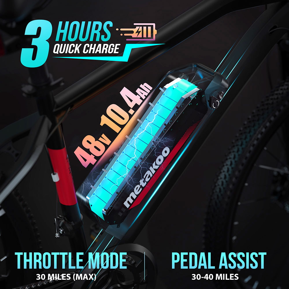 Metakoo C300 Mountain E-bike 27.5'' Tires 48V 500W Motor 10.4Ah Battery 32km/h Max Speed 30-40 Miles Shimano 21 Speed