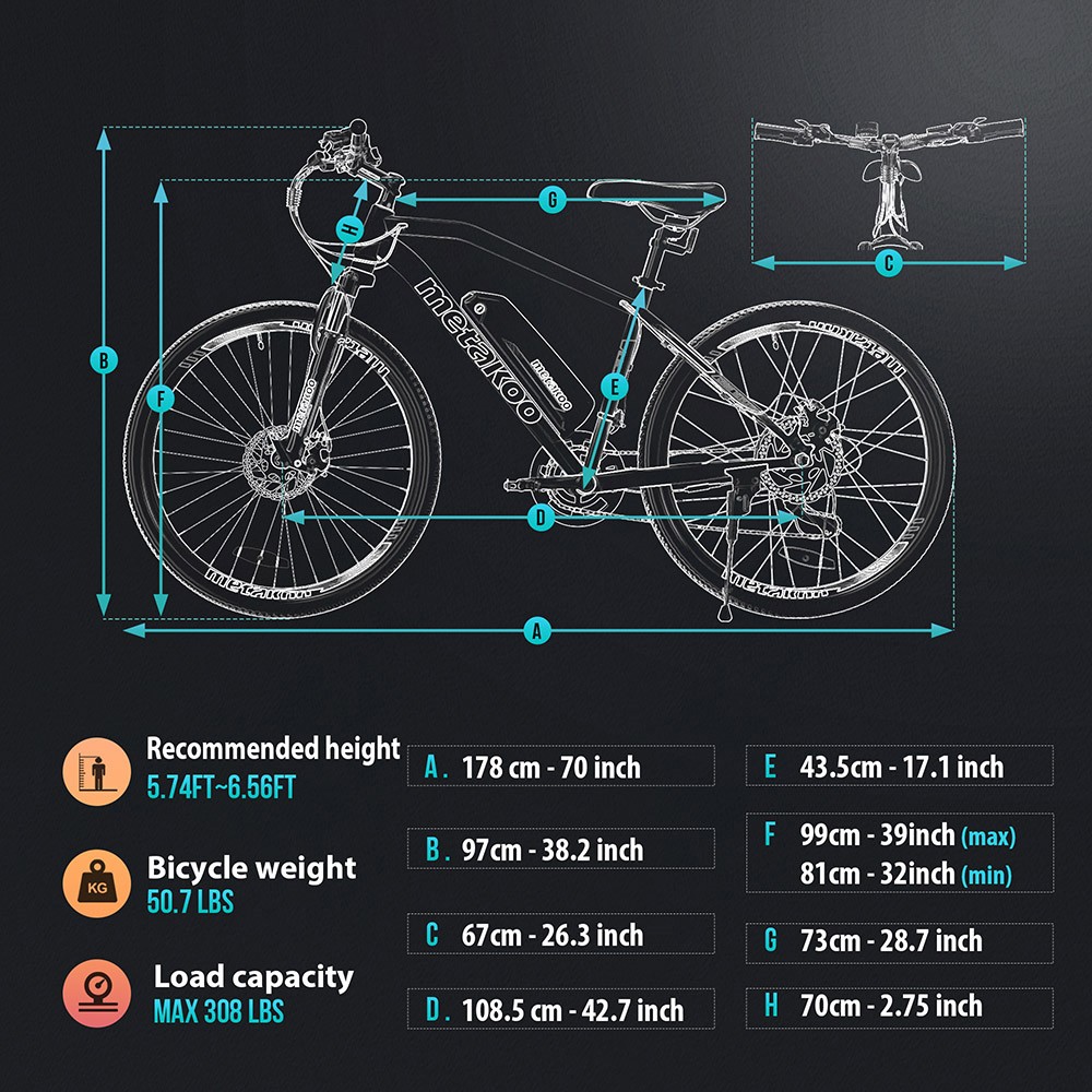 Metakoo C300 Mountain E-bike 27.5'' Tires 48V 500W Motor 10.4Ah Battery 32km/h Max Speed 30-40 Miles Shimano 21 Speed