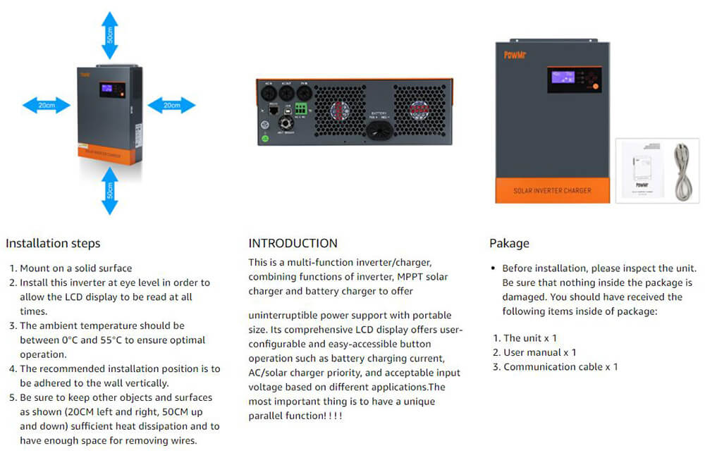PowMr 5500W Hybrid Inverter, 48V DC to 220V-230V AC, 5.5KW Pure Sine Wave Inverter with 80A MPPT Charge Controller, 9 Inverters in Parallel
