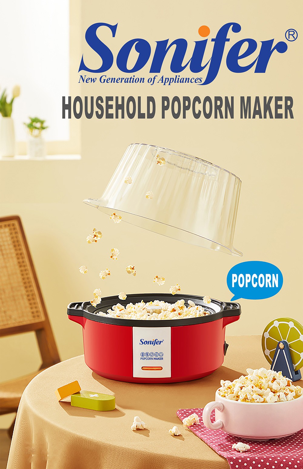 Sonifer SF4015 700W Household Popcorn Maker, Oil Hot Plate Electric Corn Machine, Fast Popping, Non-stick Coating