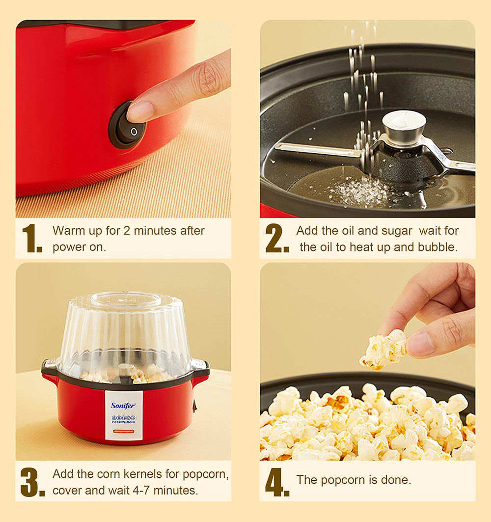Sonifer SF4015 700W Household Popcorn Maker, Oil Hot Plate Electric Corn Machine, Fast Popping, Non-stick Coating