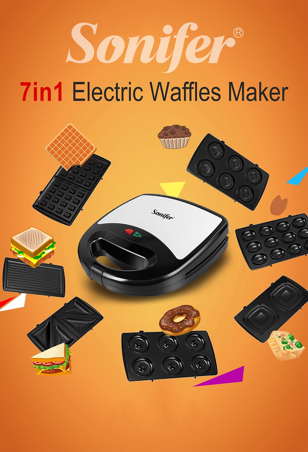 Sonifer SF6054 800W Electric Waffle Maker, 7-in-1 Grill Sandwich Cake Donut Panini Plate, Non-stick Waffle Machine