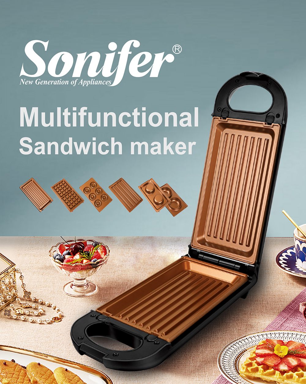 Sonifer SF6121 800W Electric Waffle Maker, 5-in-1 Cake Donuts Churros Barbecue Waffle Making Machine, Non-Stick Coating