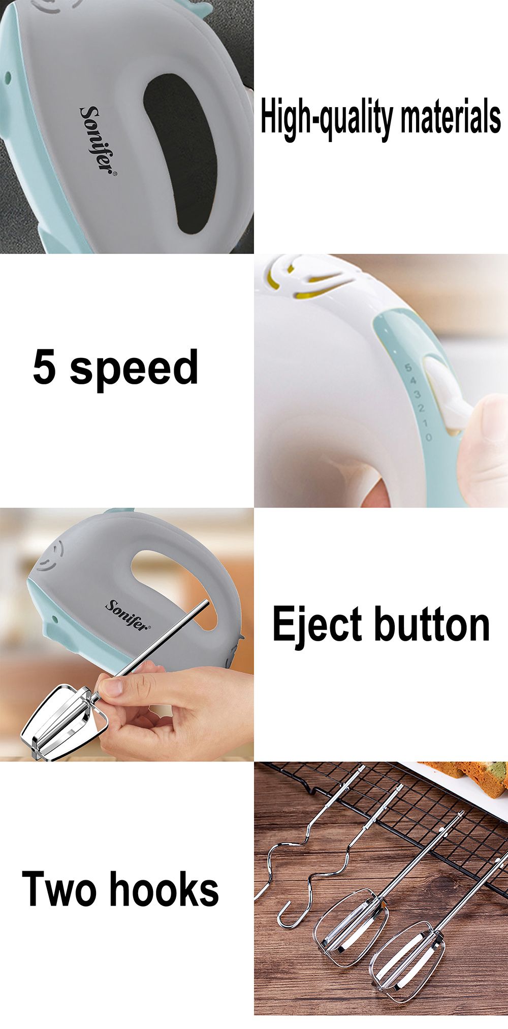 Sonifer SF7019 100W Electric Egg Whiskers, Cuisine Dough Mixer, Handheld Food Blender with Dough Hooks Egg Beaters