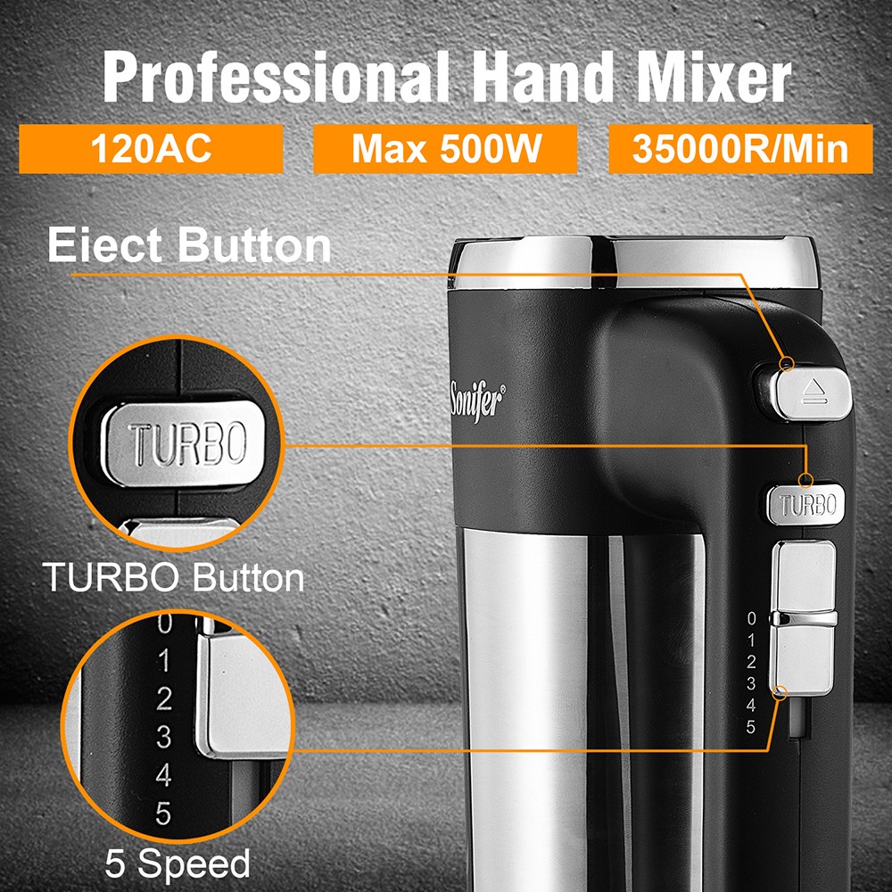 Sonifer SF7023 500W Electric Whisk Egg Beaters, 5-Gear Speed, Cuisine Dough Mixer, Double Hooks Handheld Food Blender