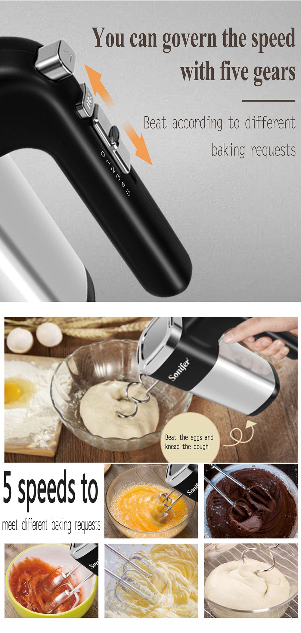 Sonifer SF7023 500W Electric Whisk Egg Beaters, 5-Gear Speed, Cuisine Dough Mixer, Double Hooks Handheld Food Blender