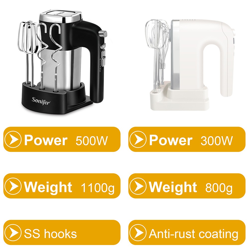 Sonifer SF7023 500W Electric Whisk Egg Beaters, 5-Gear Speed, Cuisine Dough Mixer, Double Hooks Handheld Food Blender