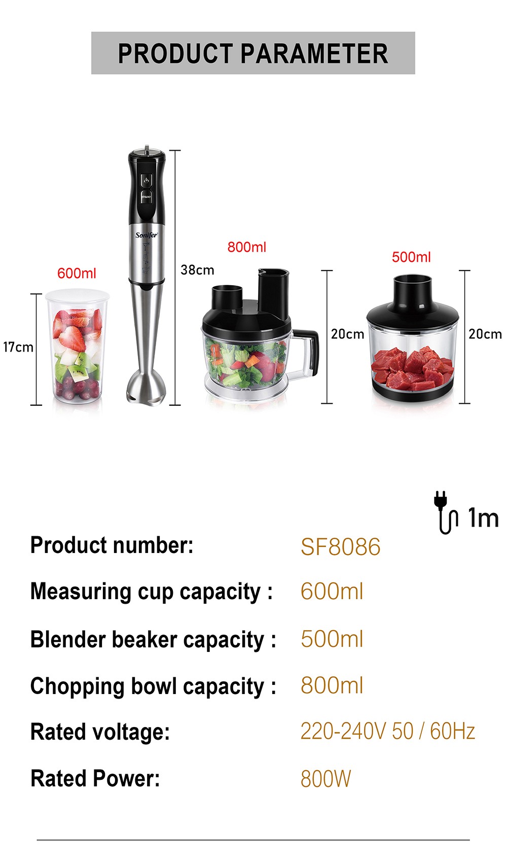 Sonifer SF8086 800W Electric Food Mixer Juicer, 10-in-1 Multi Food Blender, Stainless Steel Blender Meat Grinder Whisk