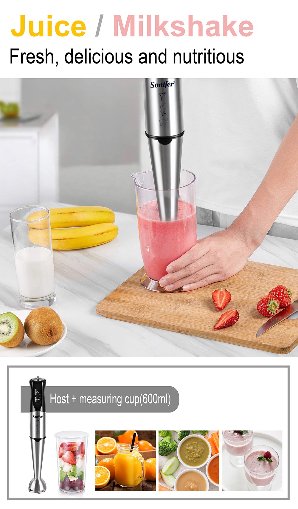 Sonifer SF8086 800W Electric Food Mixer Juicer, 10-in-1 Multi Food Blender, Stainless Steel Blender Meat Grinder Whisk