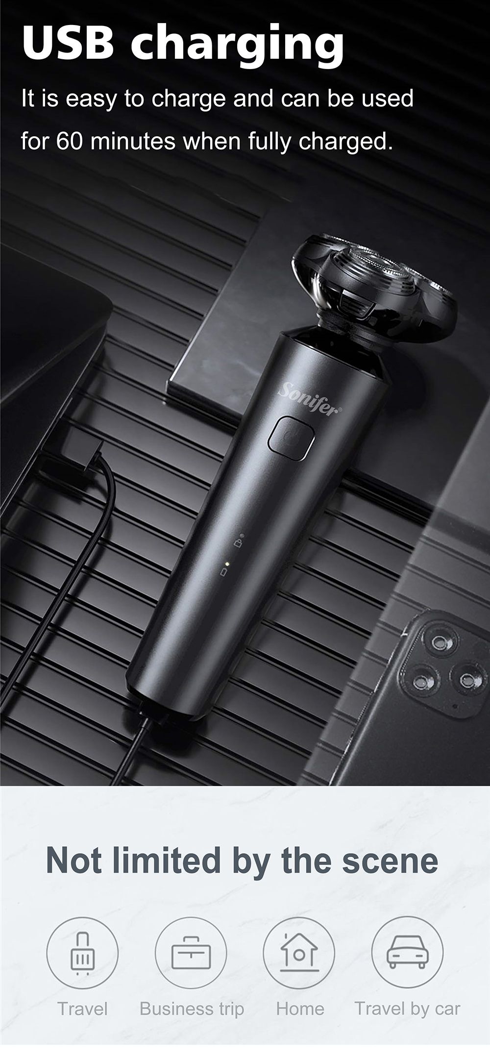 Sonifer SF9531 Electric Shaver, Men Razor Dry Wet Beard Trimmer, Portable Rechargeable Washable Shaving Machine