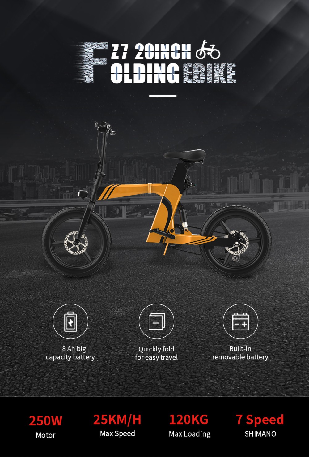 Z7 Electric Bike 250W Brushless Motor 36V 8Ah Battery 20'' Tire, 25km/h Max Speed, 30-40km Range, 120kg Load  - White