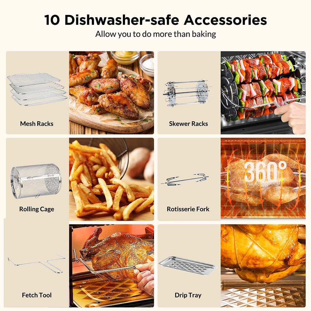 Calmdo AF-120CDEU 18 in 1 Air Fryer Toaster Oven Oil Free 1500W 12L/12.7QT Stainless Steel 360 Degree Air Circulation 18 Preset Functions Touch Control 10 Grill Accessories for Bake & Broil - Black