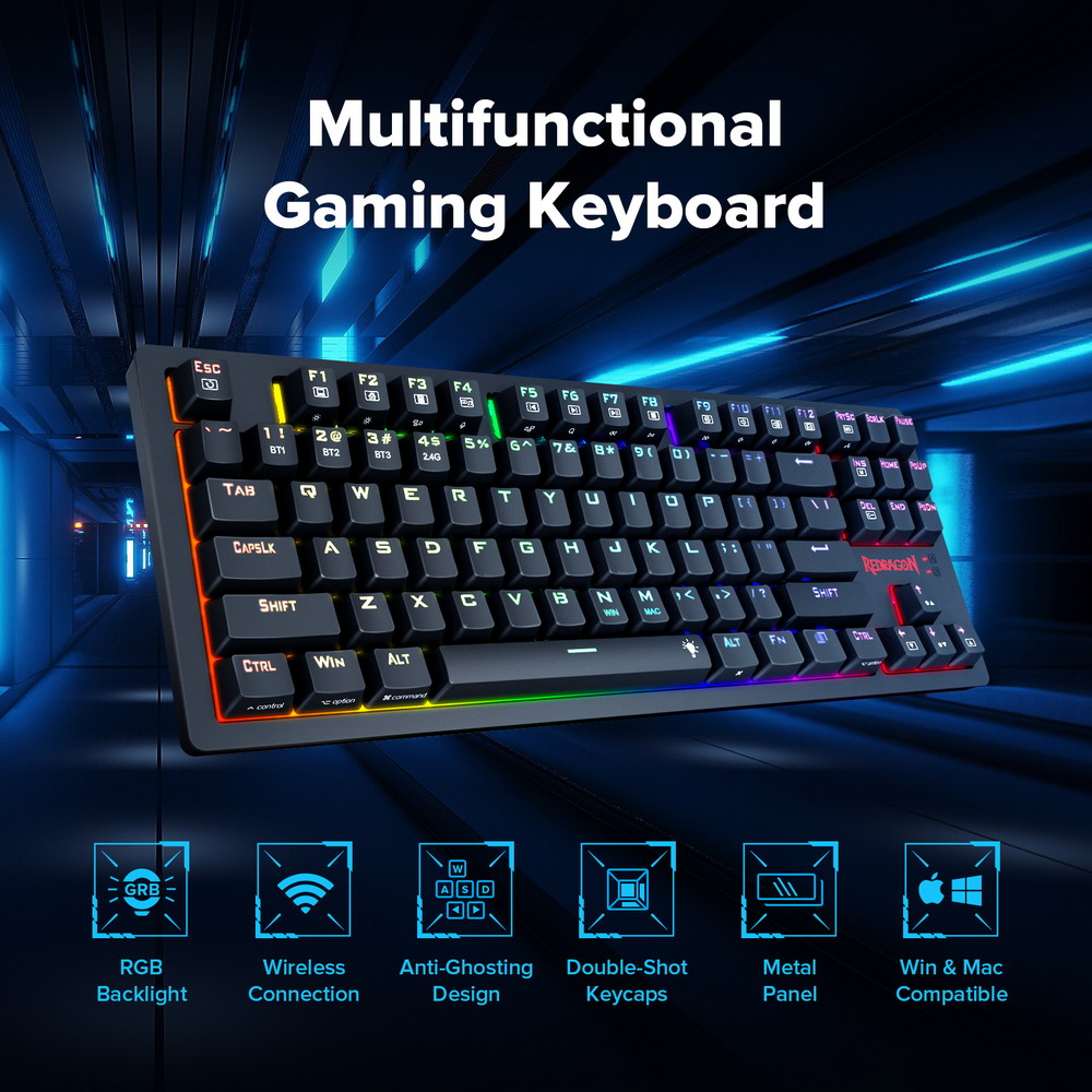 Redragon K598P-KBS RGB TKL Wireless Mechanical Keyboard Bluetooth/2.4Ghz/Wired Tri-Mode Blue Switch for Win/Mac - Black