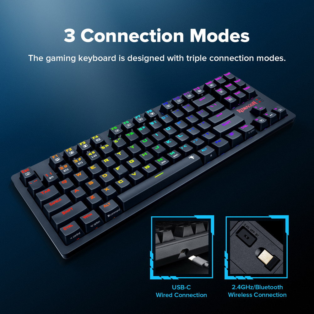 Redragon K598P-KBS RGB TKL Wireless Mechanical Keyboard Bluetooth/2.4Ghz/Wired Tri-Mode Blue Switch for Win/Mac - Black
