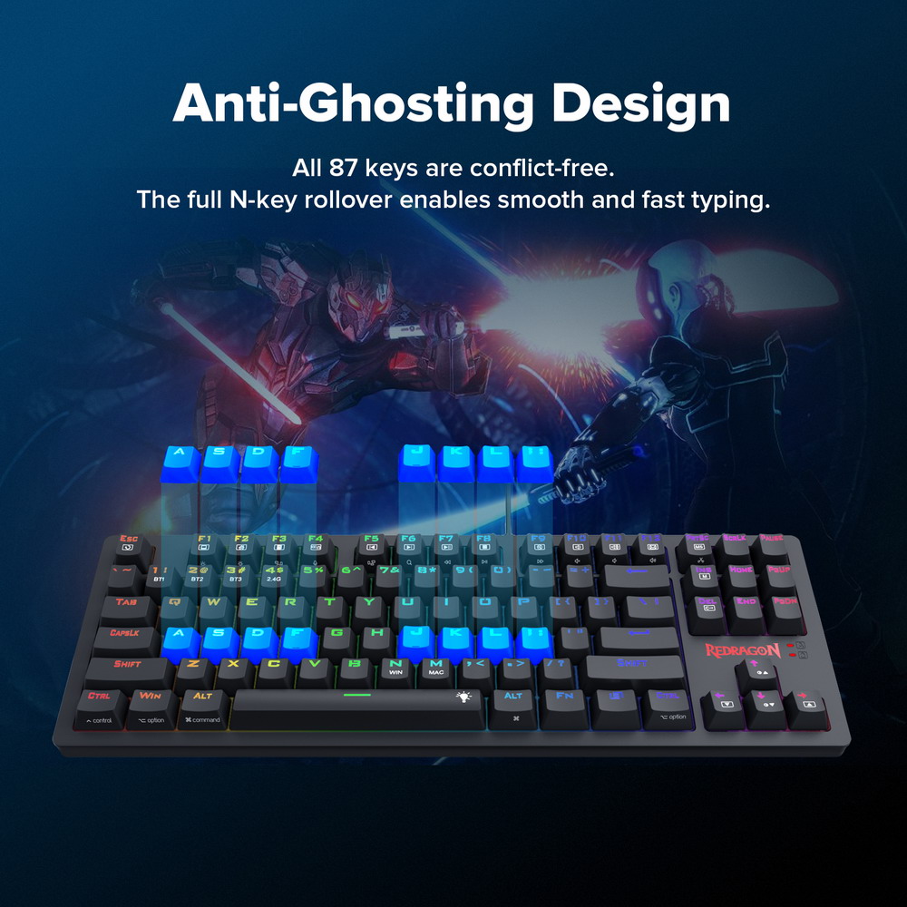 Redragon K598P-KBS RGB TKL Wireless Mechanical Keyboard Bluetooth/2.4Ghz/Wired Tri-Mode Blue Switch for Win/Mac - Black