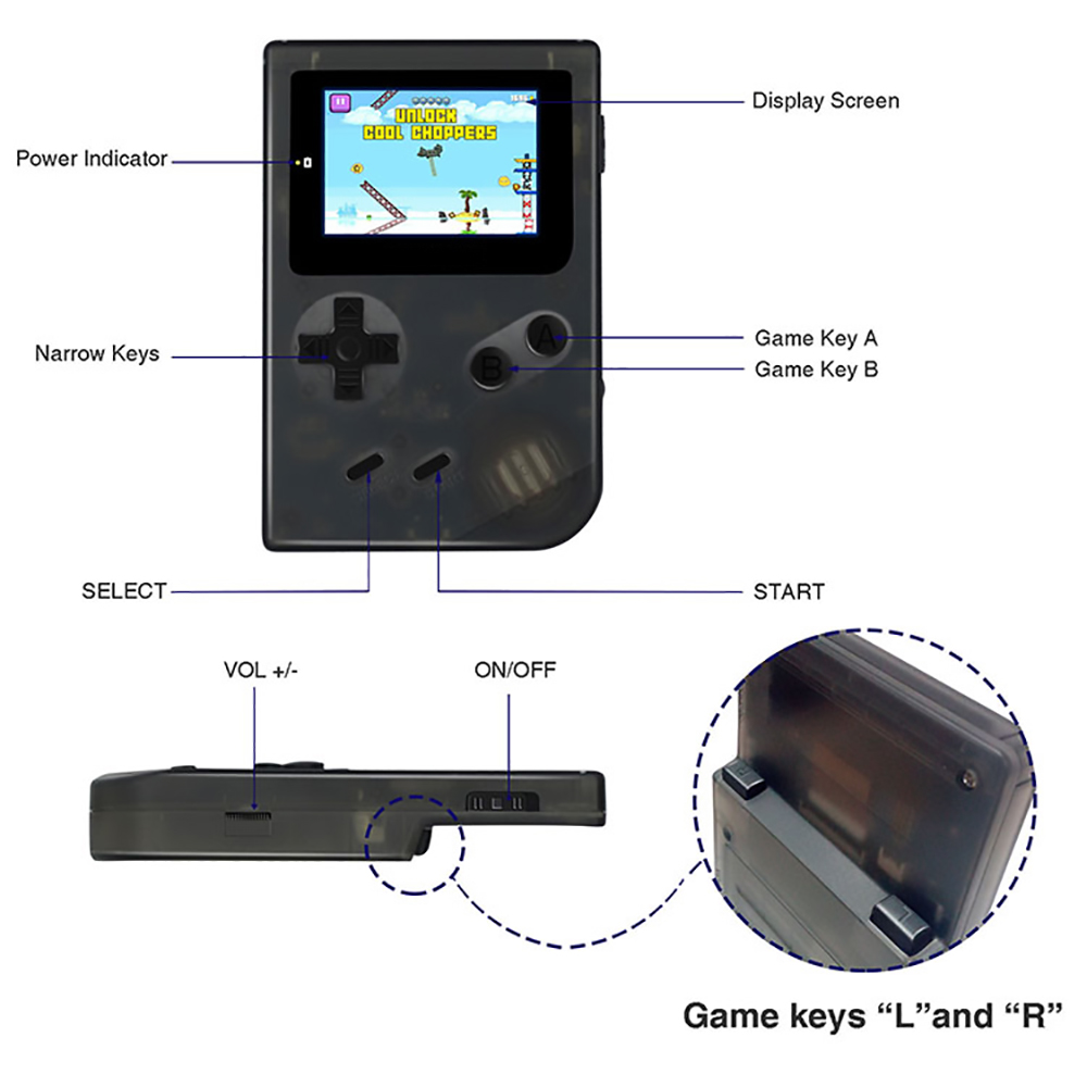 ANBERNIC Retro Mini Handheld Game Console 2.0 inch Screen 256MB Memory 169 Built-in Games - Transparent White