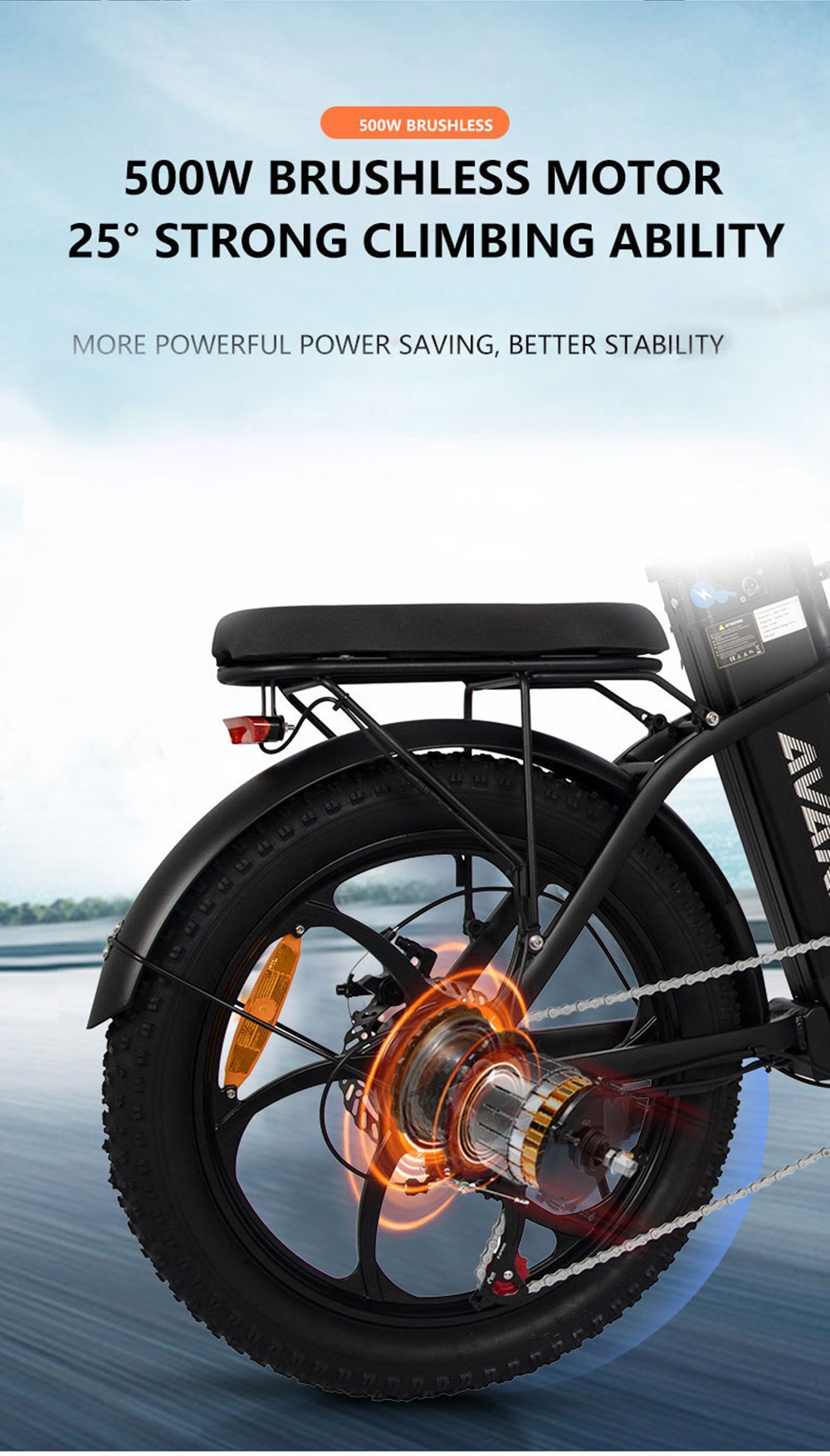 AVAKA BZ20 PLUS Electric Bike Foldable 500W Brushless Motor 15Ah Battery 100km Range 25km/h Max Speed - One Wheel Black