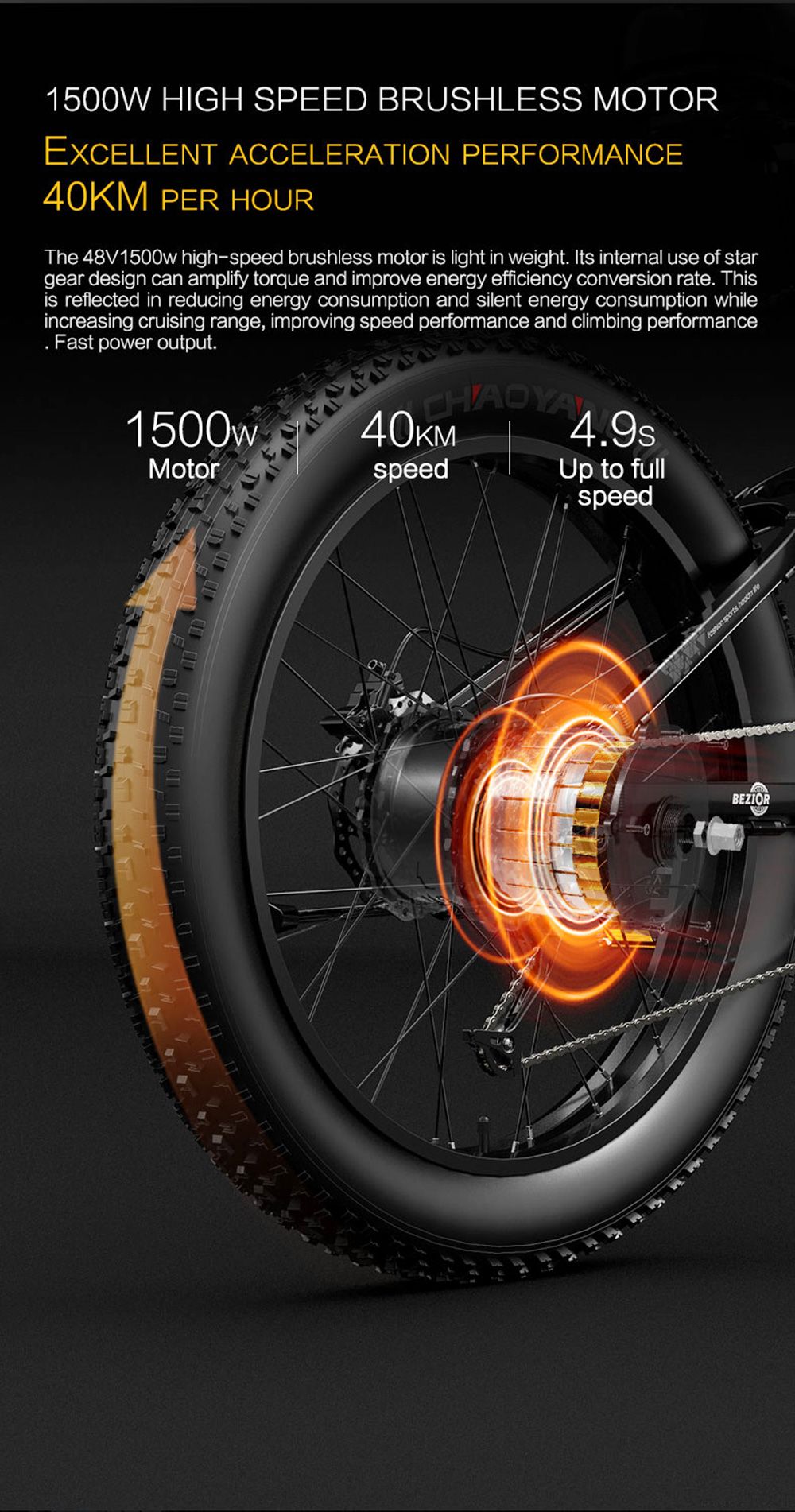 BEZIOR X-PLUS Electric Bike 1500W Motor 48V 17.5Ah Battery 26*4.0 Tire Mountain Bike 40 km/h Max Speed 200kg Load - Black