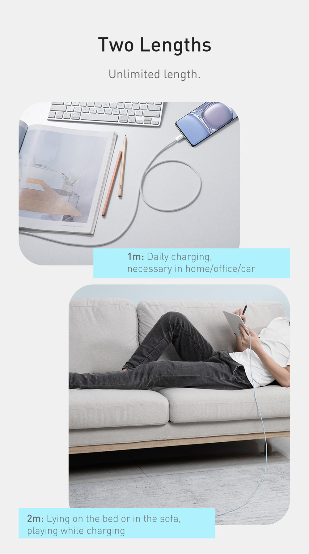 Baseus 100W 2m Quick Charge Cable, Type-C to Type-C Cable, PD Fast Charger Cord for Xiaomi Samsung Phone iPad - Blue