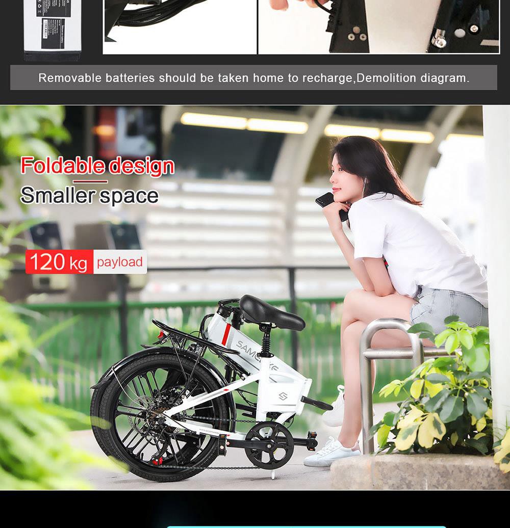 Samebike 20LVXD30-II Folding Electric Moped Bike 20'' Tire 48V 350W Motor 10Ah Battery 30km/h Max Speed - White