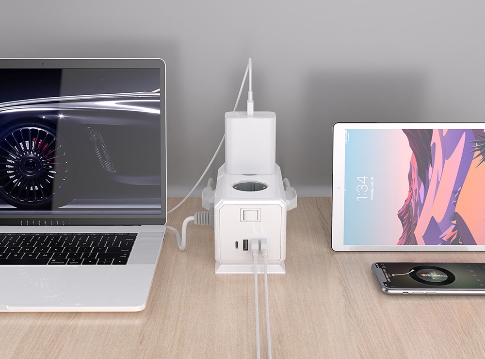 Sopend E08 Powercube Tower Power Strip Socket with Switch, EU Plug, 1.5m Extension Cord, 4 USB Ports, 6 Outlet - Blue