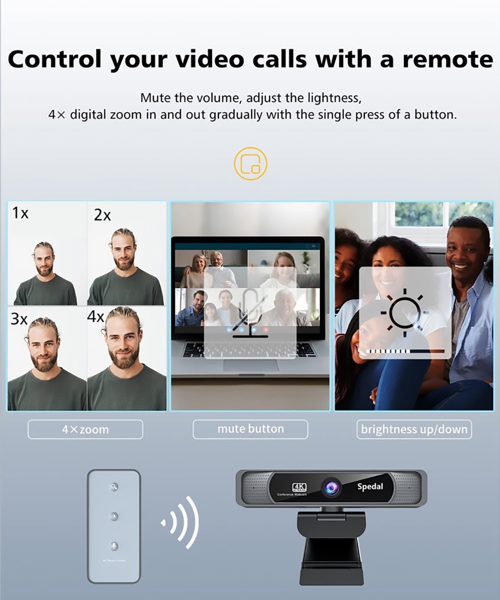 Spedal FF931 4K UHD Webcam with Built-in AI Noise Reduction Dual Microphones,120 Degree Wide Angle Zoomable Webcam