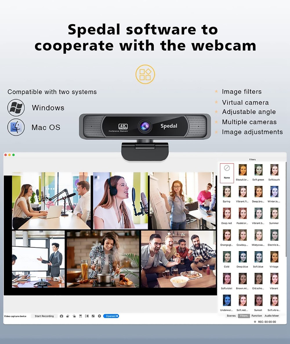 Spedal FF931 4K UHD Webcam with Built-in AI Noise Reduction Dual Microphones,120 Degree Wide Angle Zoomable Webcam