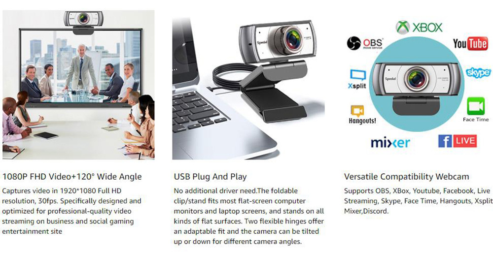 Spedal MF920 Pro Webcam 1080P FHD Live Camera with 120 Degree Wide-angle Lens Captures High Definition Image and Video