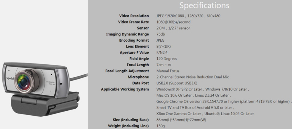 Spedal MF920 Pro Webcam 1080P FHD Live Camera with 120 Degree Wide-angle Lens Captures High Definition Image and Video