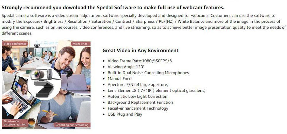 Spedal MF920 Pro Webcam 1080P FHD Live Camera with 120 Degree Wide-angle Lens Captures High Definition Image and Video