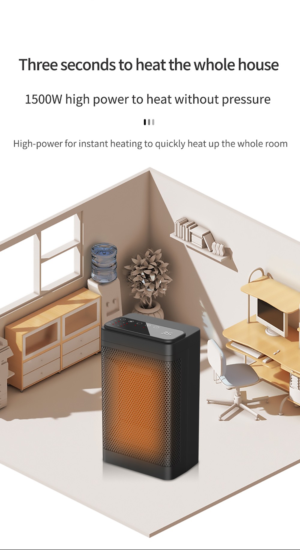 YND-1200D 1500W Desktop Mini Electric Heater, PTC Ceramic Space Heater, Remote Control, Touch Screen, 3-Gear Adjustment - UK Plug