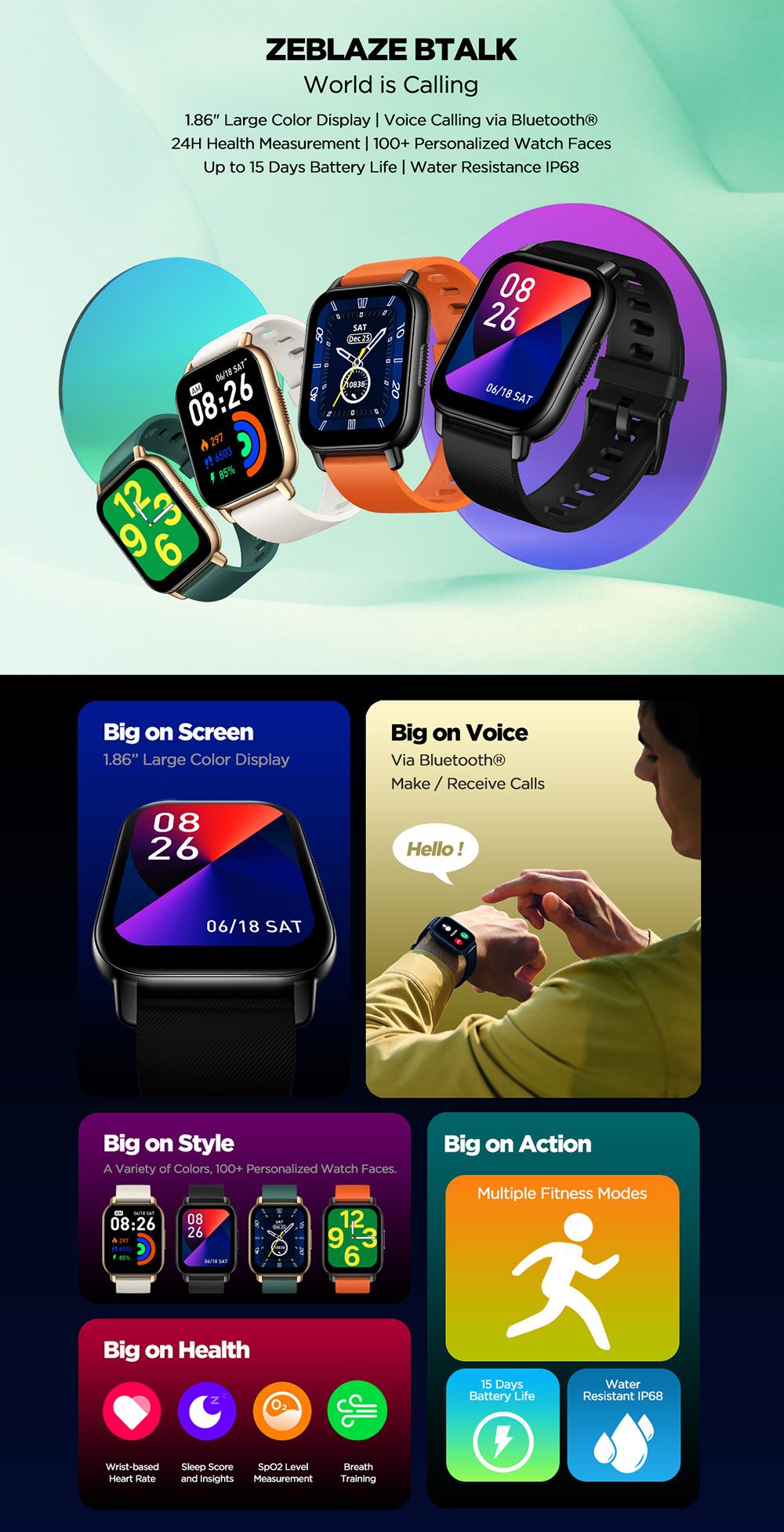 Zeblaze Btalk Voice Calling Smartwatch 1.86'' Large Color Display Health and Fitness Smartwatch For Men - Orange