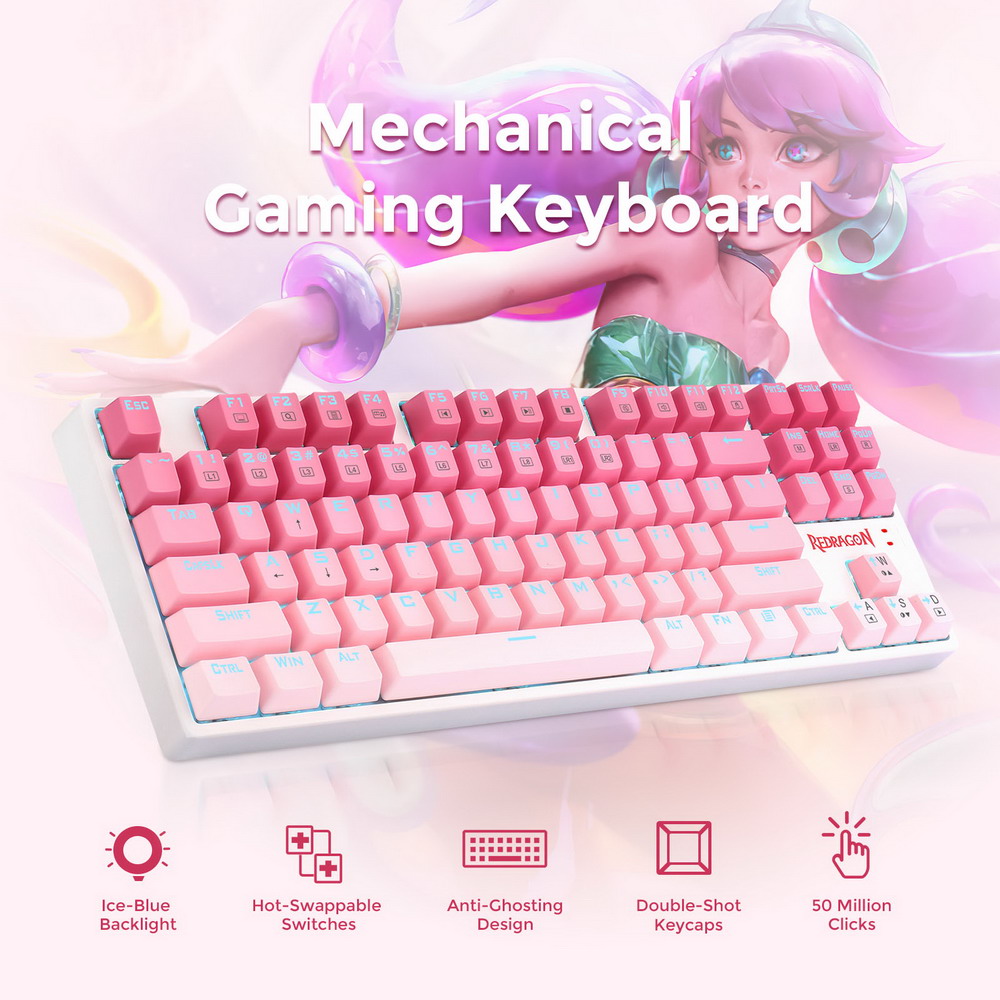 Redragon K576W-GP DAKSA TKL Wired Mechanical Keyboard 87 Keys Gradient PBT Keycap Red Switch - Pink