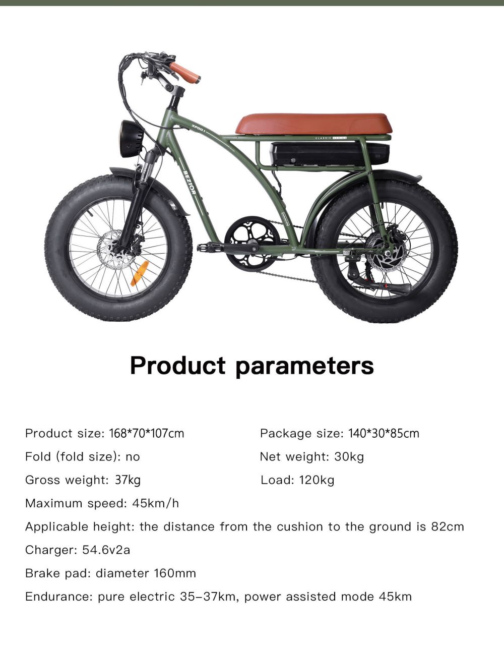 Bezior XF001 Retro Electric Bike 26 Inch 1000W Motor 12.5Ah 48V Battery Max Speed 45Km/h Max Load 120kg - Green