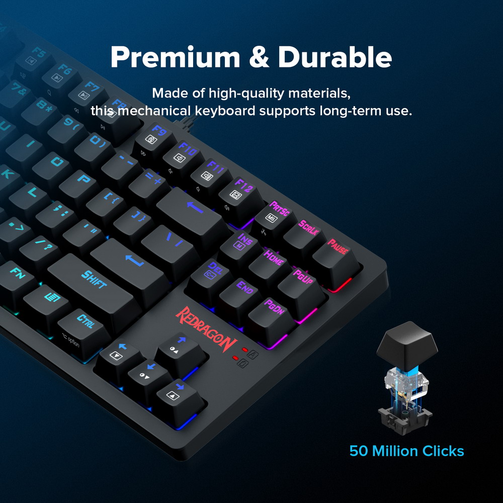 Redragon K598P-KBS RGB TKL Wireless Mechanical Keyboard Bluetooth/2.4Ghz/Wired Tri-Mode Blue Switch for Win/Mac - Black