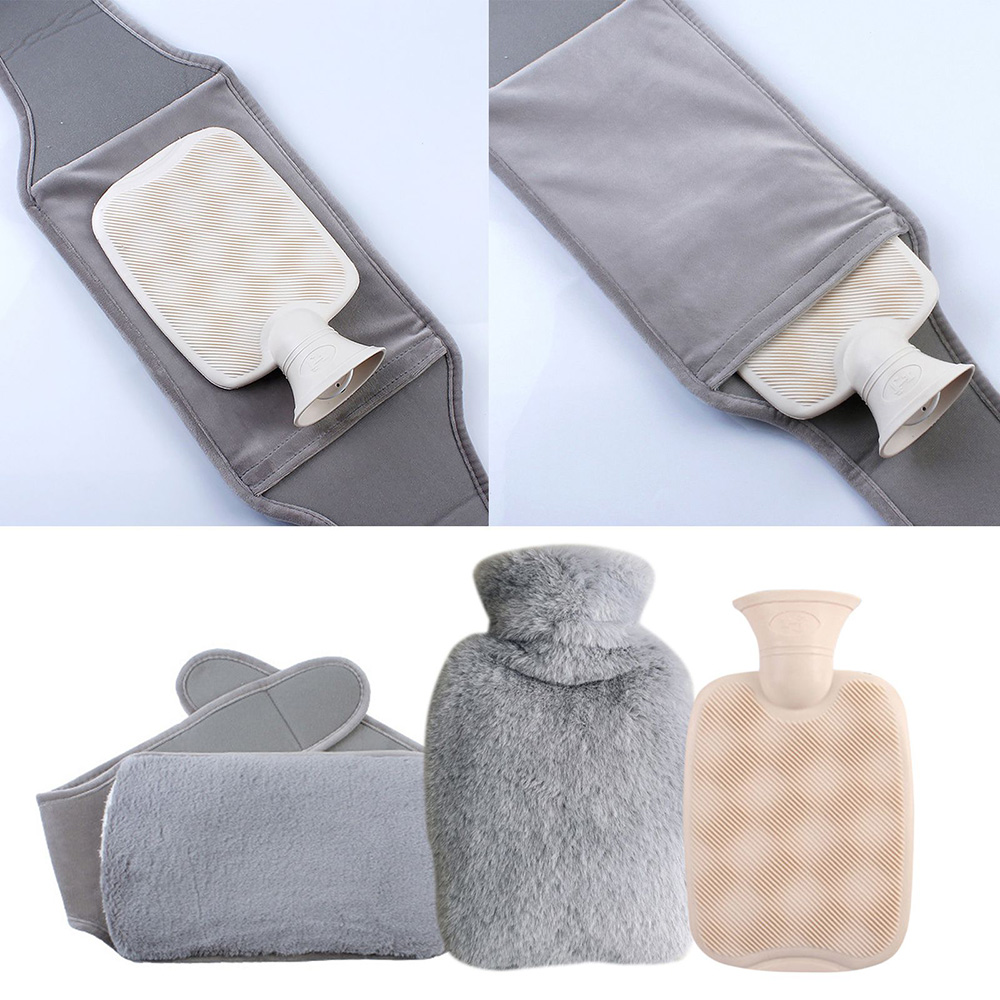 1000ml PVC Hot Water Bottle, Imitation Rabbit Plush Cover, Warm Belly Long Waist Belt, 3Pcs/Set - Light Grey