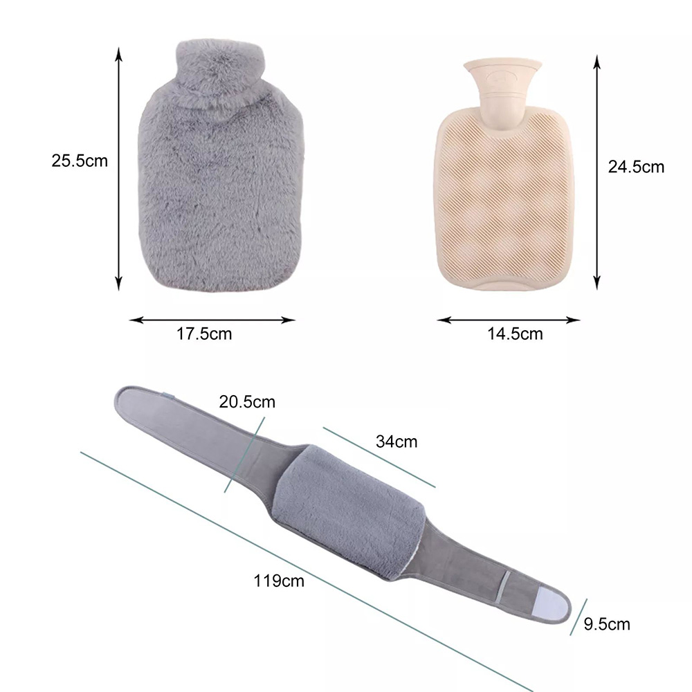 1000ml PVC Hot Water Bottle, Imitation Rabbit Plush Cover, Warm Belly Long Waist Belt, 3Pcs/Set - Light Grey