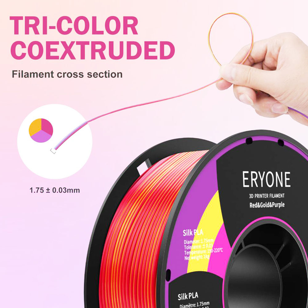 ERYONE Triple-Color Silk PLA Filament for 3D Printers, 1.75mm Accuracy +/- 0.03 mm, 1kg (2.2LBS)/Spool - Red + Gold + Purple