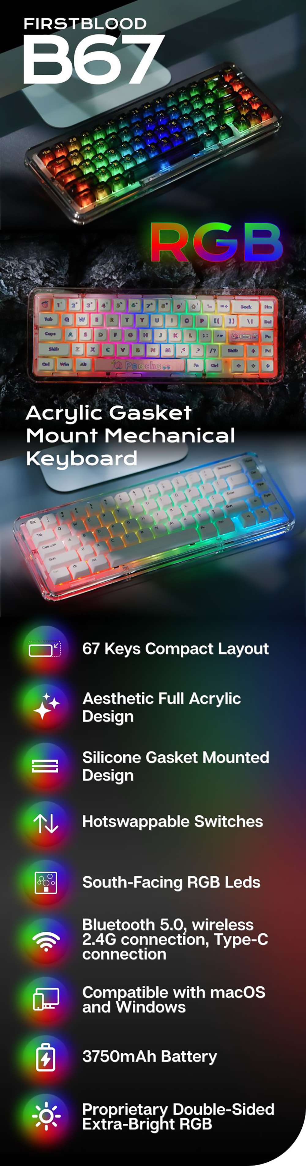 FirstBlood B67 65% Full Acrylic Gasket Mount Wired/Bluetooth/2.4G Triple Mode RGB Mechanical Keyboard- White Transparent
