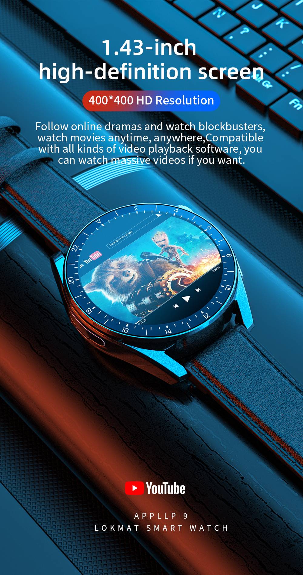 LOKMAT APPLLP 9 Android Smartwatch 1.43 inch 2+16G 4G Wifi GPS Camera Phone Watch Health Tracker - Black Silica Gel