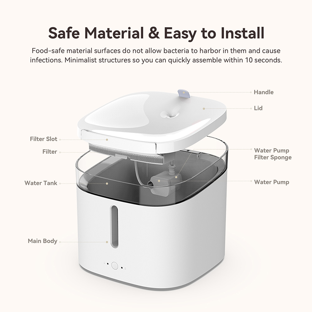 Pawbby 2L Smart Fountain Dispenser, Dog Drinking Bowl Cat Puppy Feeder, Ultra-Quiet Pump Automatic Drinker, APP Control