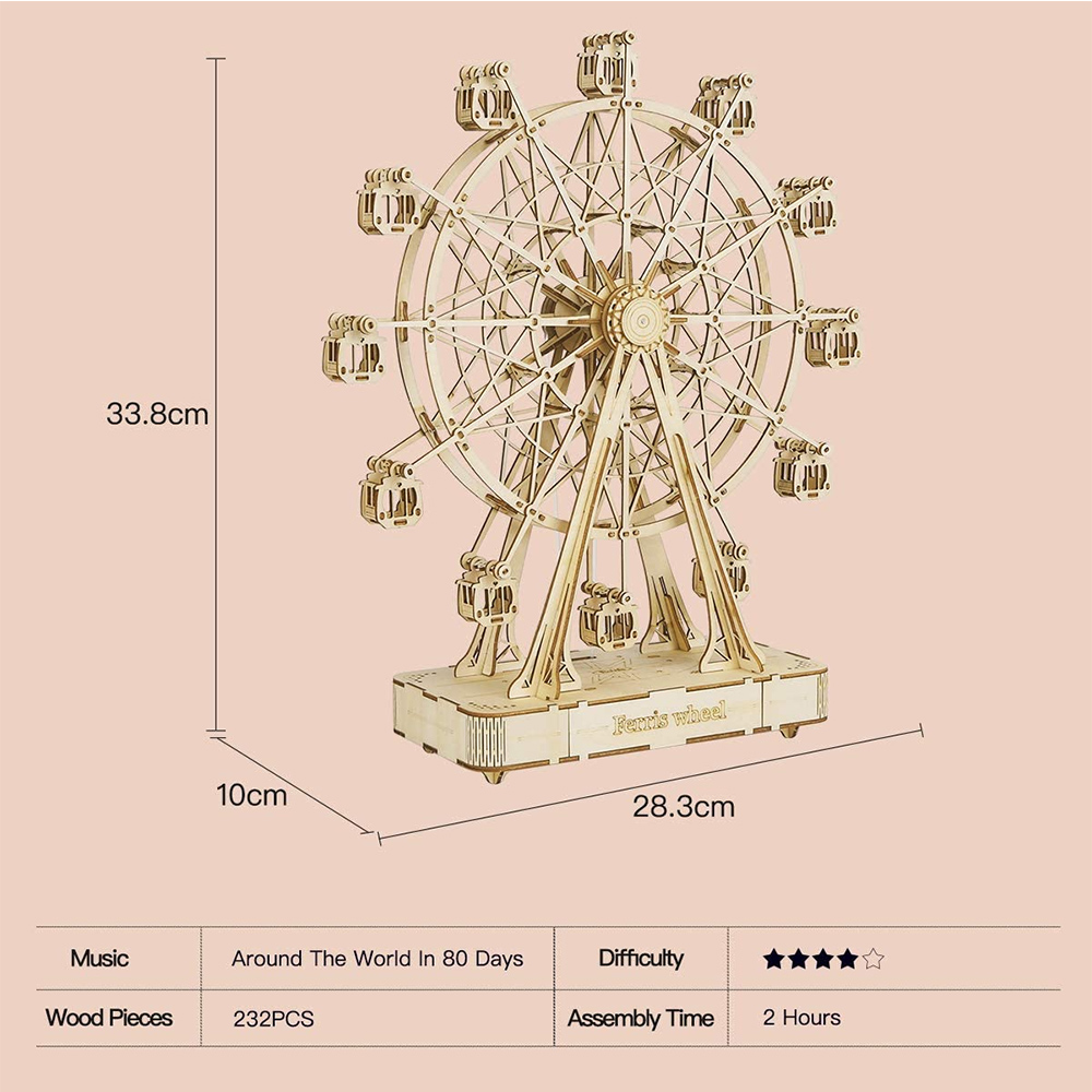 ROBOTIME TGN01 Rolife Ferris Wheel Music Box 3D Wooden Puzzle DIY Kit, 232Pcs